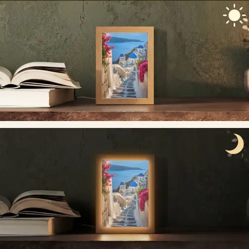 Santorini - Bloemen - Griekenland Light Box met kabel (Tafellamp) klein -sfeer3