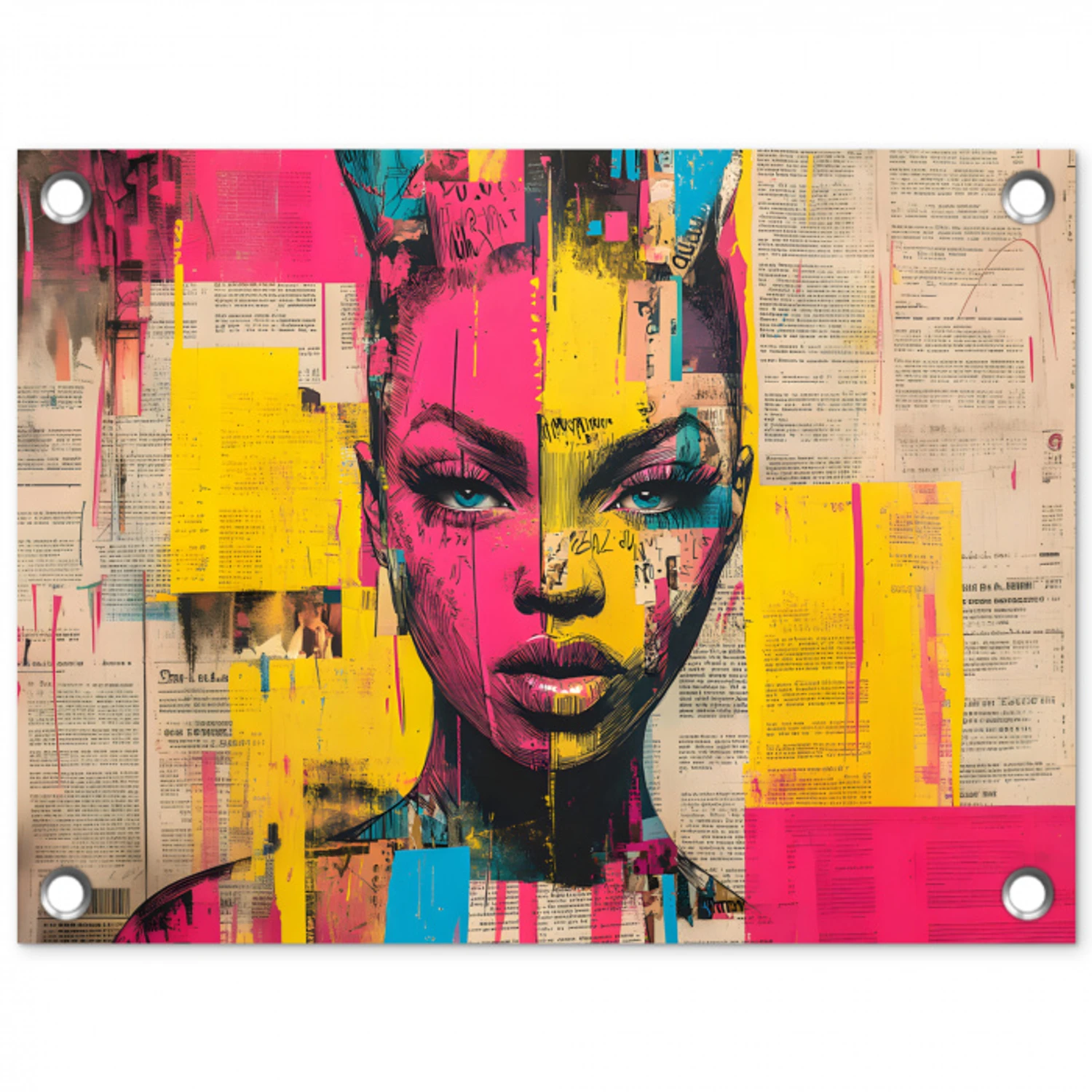 Vrouwengezicht - Krantenpapier - Abstract - Roze tuinposter los doek klein -3d