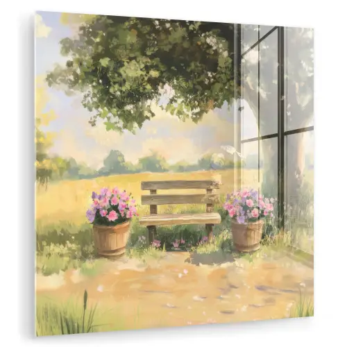 Houten bankje - Bloempotten - Landschap plexiglas 5mm klein -zzzproduct_nieuw