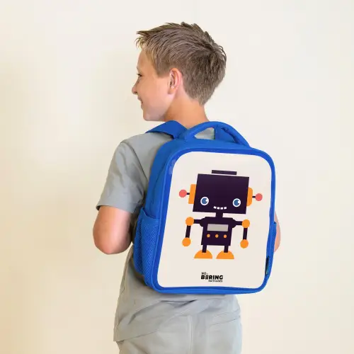 Zwarte robot met oranje accenten Kinderrugzak - Blauw middel -sfeer2