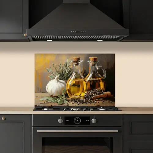 Stilleven - Olijfolie - Knoflook - Kruiden keuken achterwand spatscherm klein -sfeer1