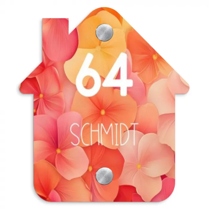 Oranje bloemenmix - Modern Naambord Huisje klein -3d