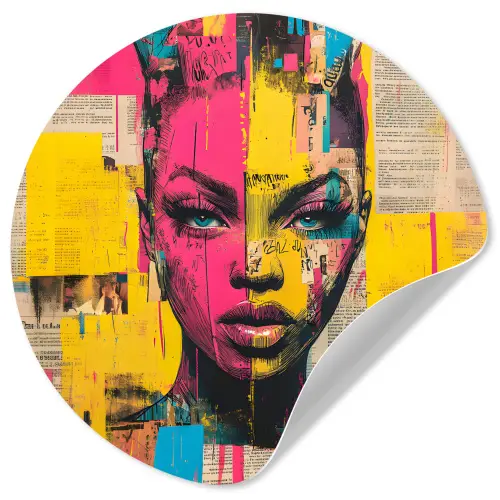 Vrouwengezicht - Krantenpapier - Abstract - Roze Wandcirkel behangsticker klein -3d