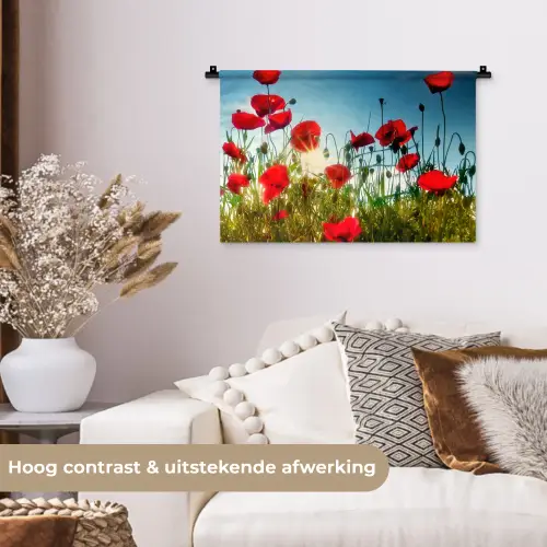 Klaprozen - Toscane - Zon - Rood - Blauw Wandkleed katoen klein -sfeer1