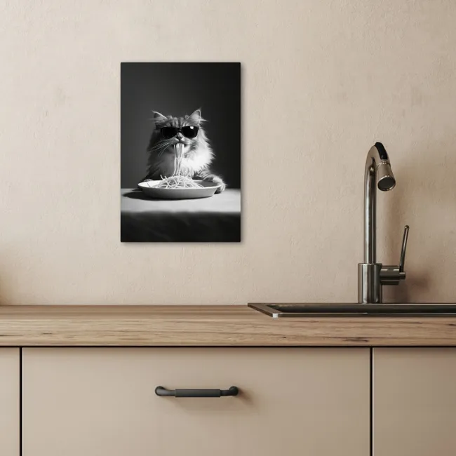 Langharige kat - Zonnebril - Spaghetti - Humor - Zwart - wit KitchenYeah - Keuken - Canvas klein -sfeer2