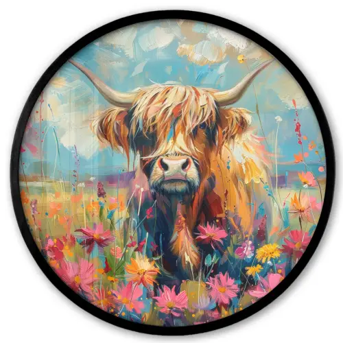 Schotse hooglander - Natuur - Kleurrijk - Bloemen Fotolijst rond zonder passe partout klein -3d