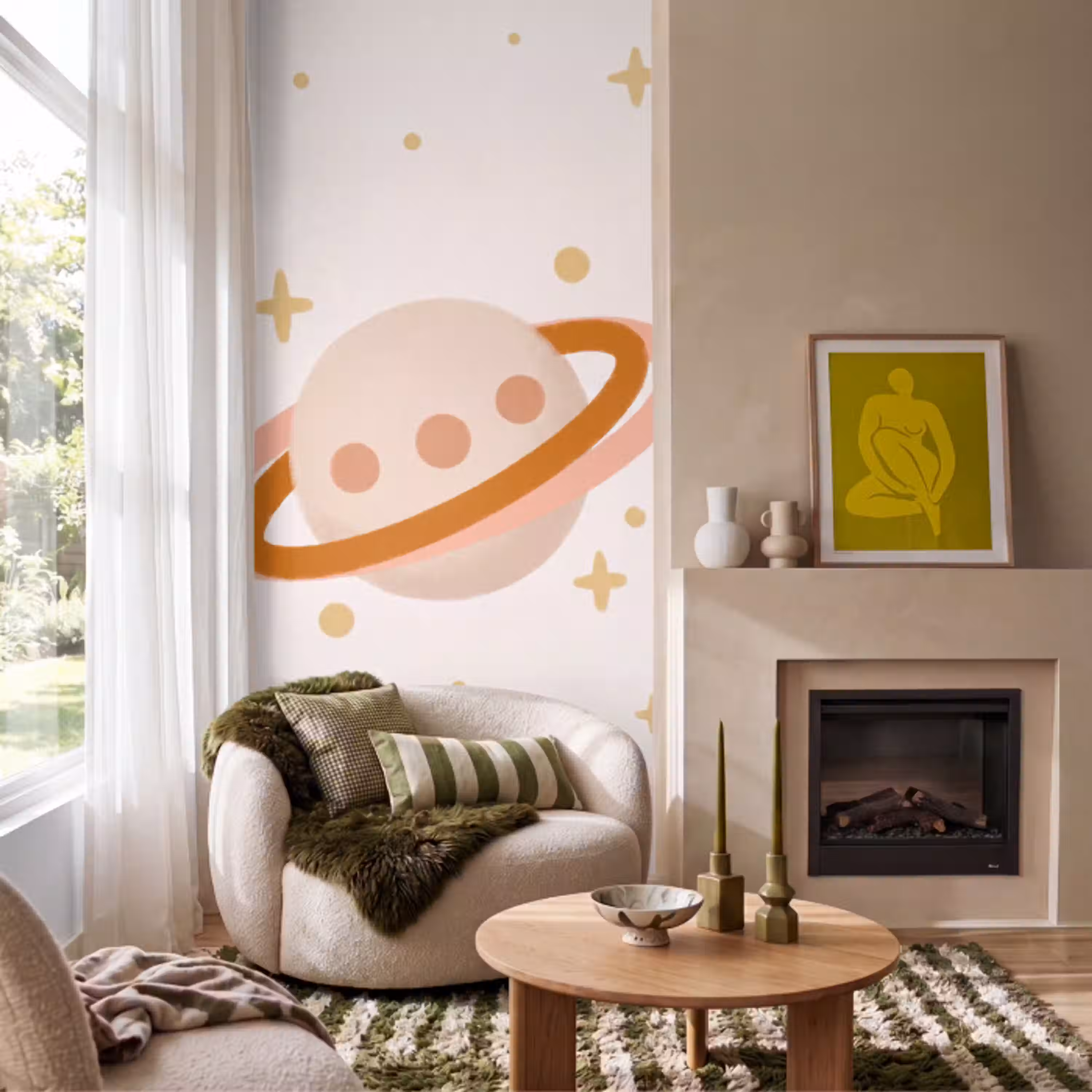 Planeet - Ringen - Ruimte - Illustratie - Beige Behang Vlies klein -sfeer2