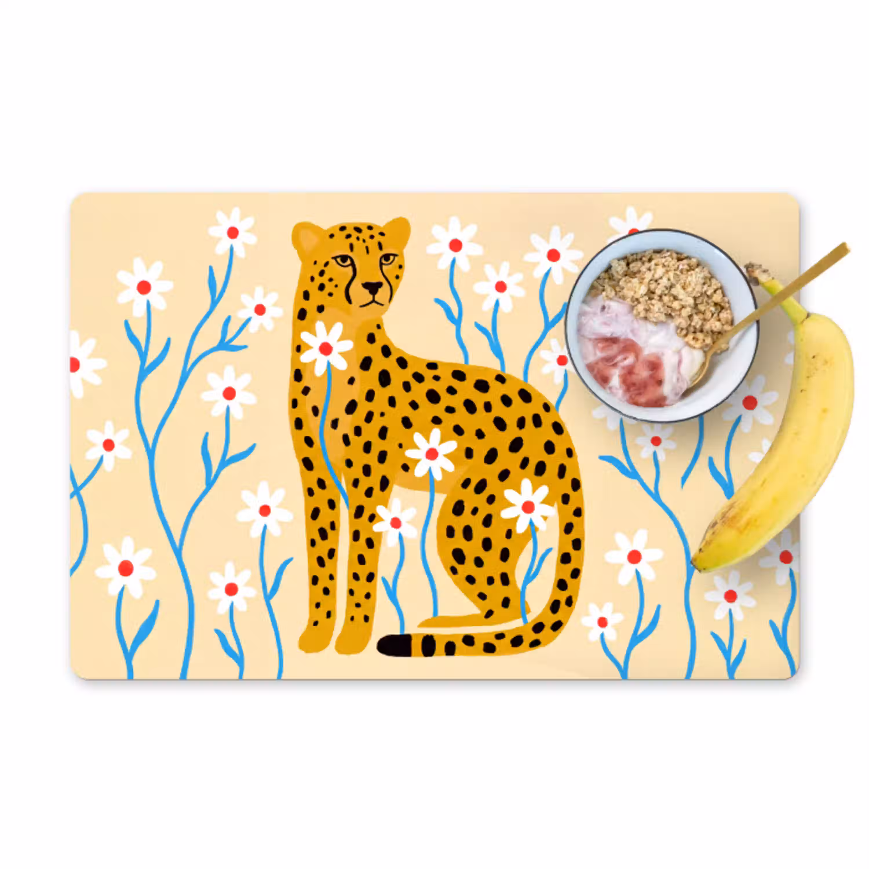 Dieren - Jachtluipaard - Bloemen - Modern - Geel Placemat vinyl groot -zzzproduct_Kitchenyeah-website