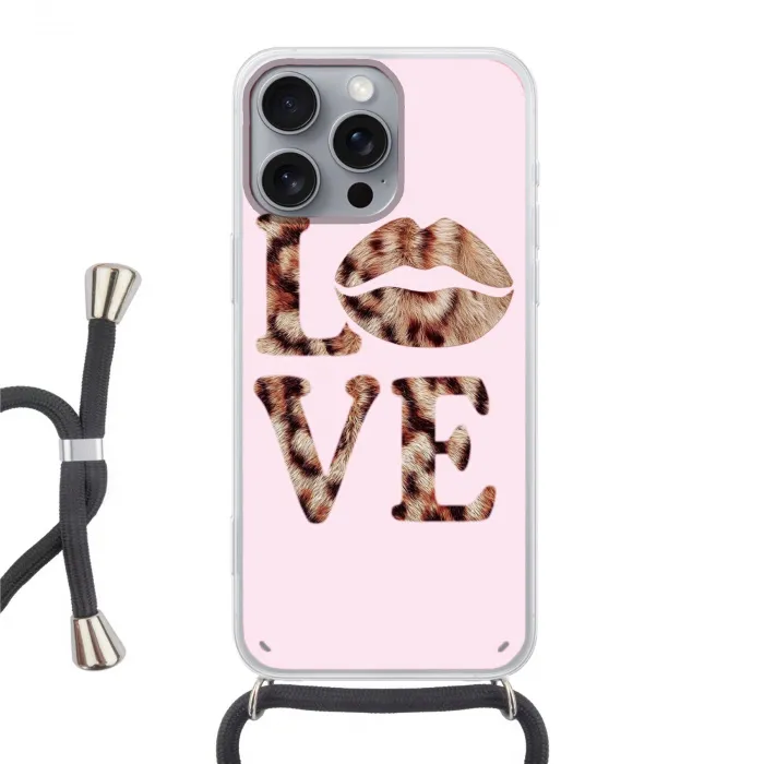 Tekst - Love - Pantervacht - Lichtroze Hoesje iPhone 16 Pro Max met koord klein -3d