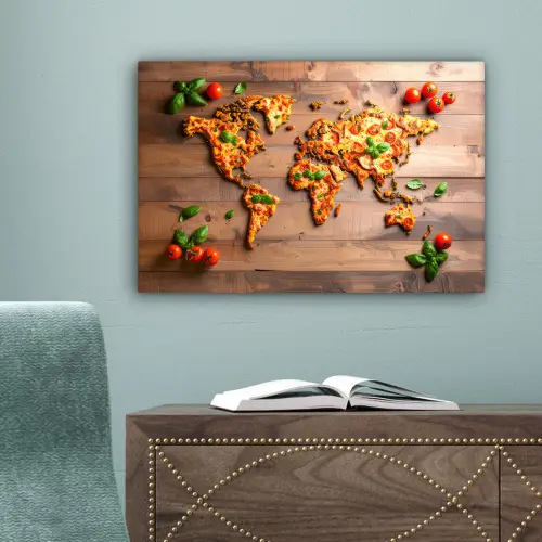 Wereldkaart - Pizza - Houten ondergrond canvas 2cm klein -sfeer4