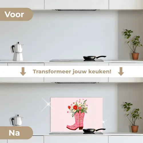 Cowboylaarzen - Roze - Boeket - Bloemen keuken achterwand spatscherm klein -voor_na_NL