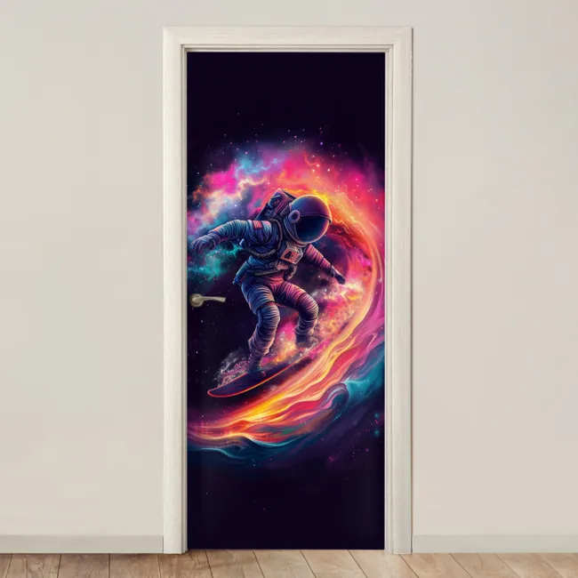 Deursticker - Astronaut - Ruimte - Surfen - Kleurrijk