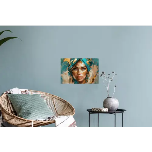 Vrouw - Portret - Goud - Luxe - Blauw Muursticker klein -plant