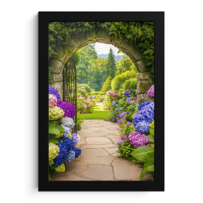 Doorkijk - Poort - Hortensia - Bloementuin fotolijst zwart zonder passe partout klein -3d