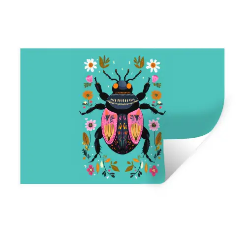 Kever - Bloemmotieven - Turquoise - Bladeren Muursticker klein -3d
