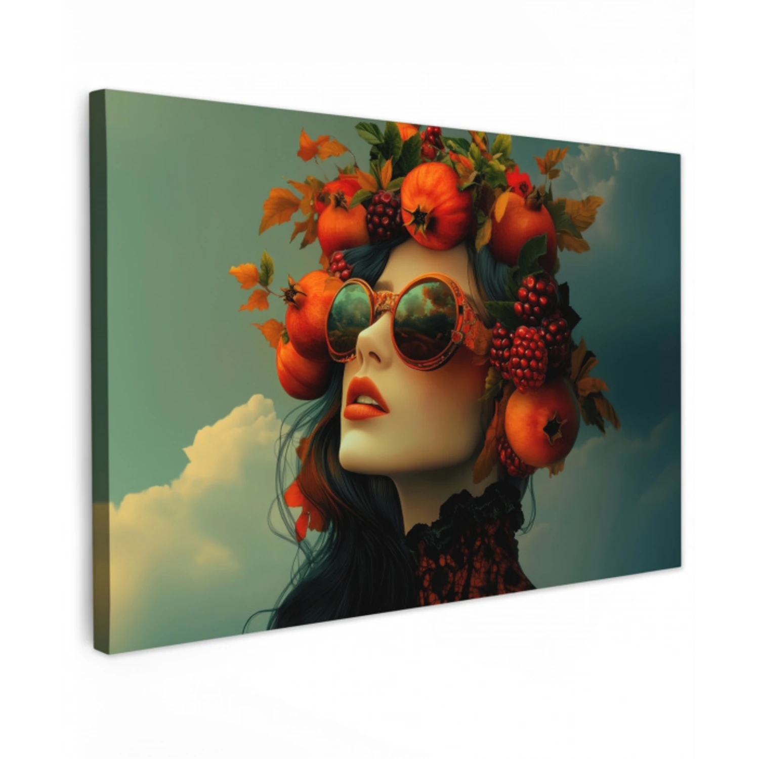 Vrouw - Granaatappel - Herfst - Zonnebril Tuinposter op houten frame 2 cm dik klein -3d