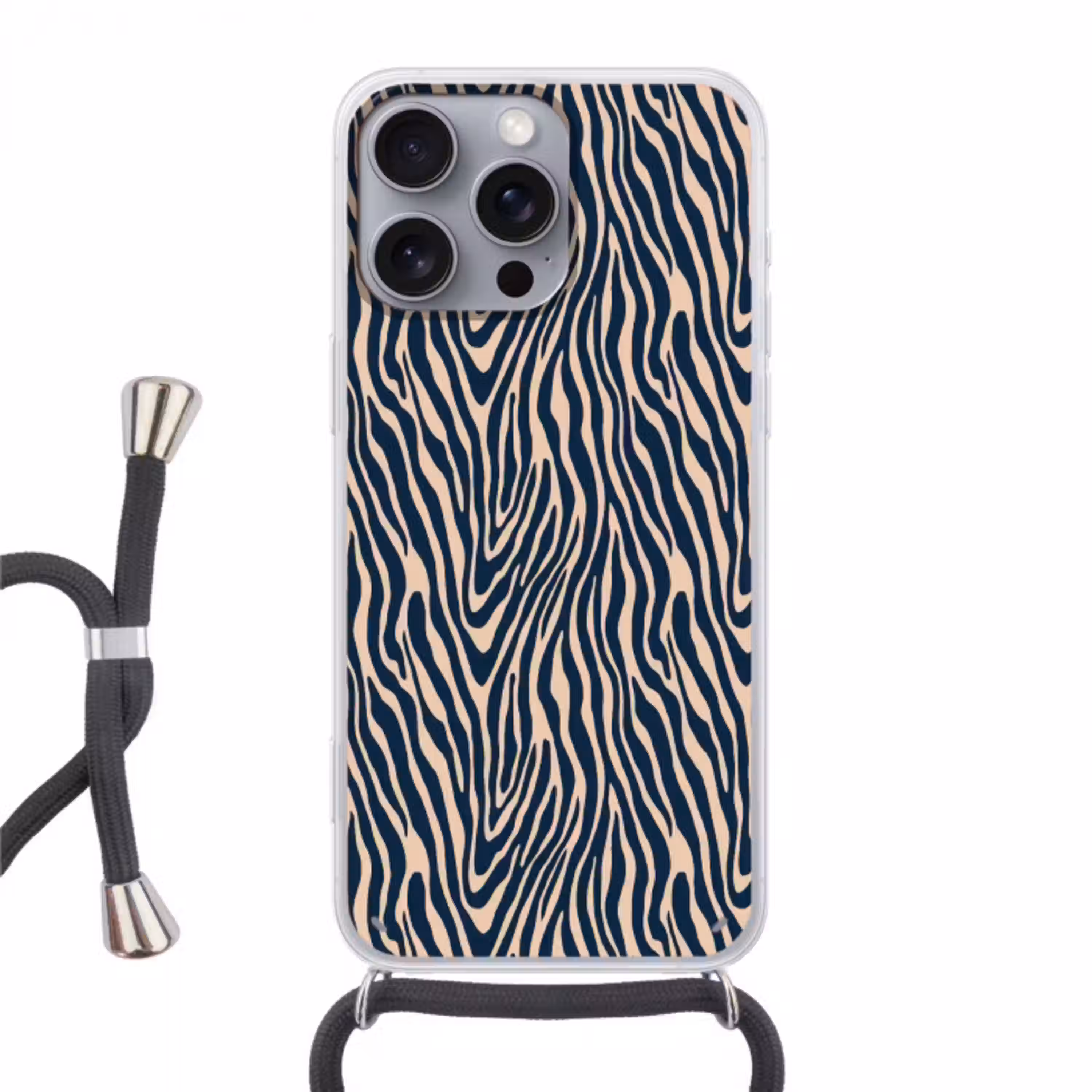 Zebra - Patroon - Blauw - Beige Hoesje iPhone 16 Pro Max met koord klein 804 -3d