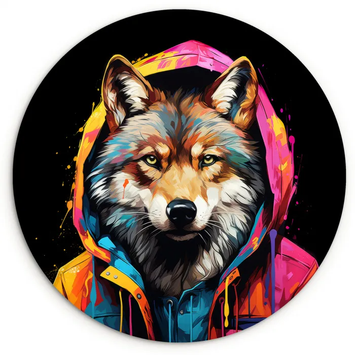Graffiti - Wolf - Jas - Zwart Wandcirkel kunststof plaat 5mm dik klein -3d