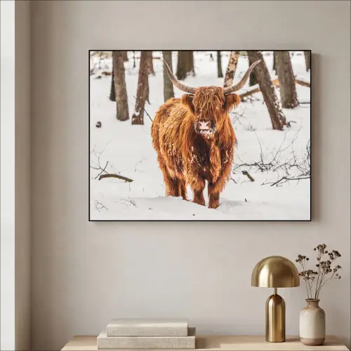Schotse Hooglander - Sneeuw - Winter - Natuur - Dieren Textielframe zwart klein -sfeer2
