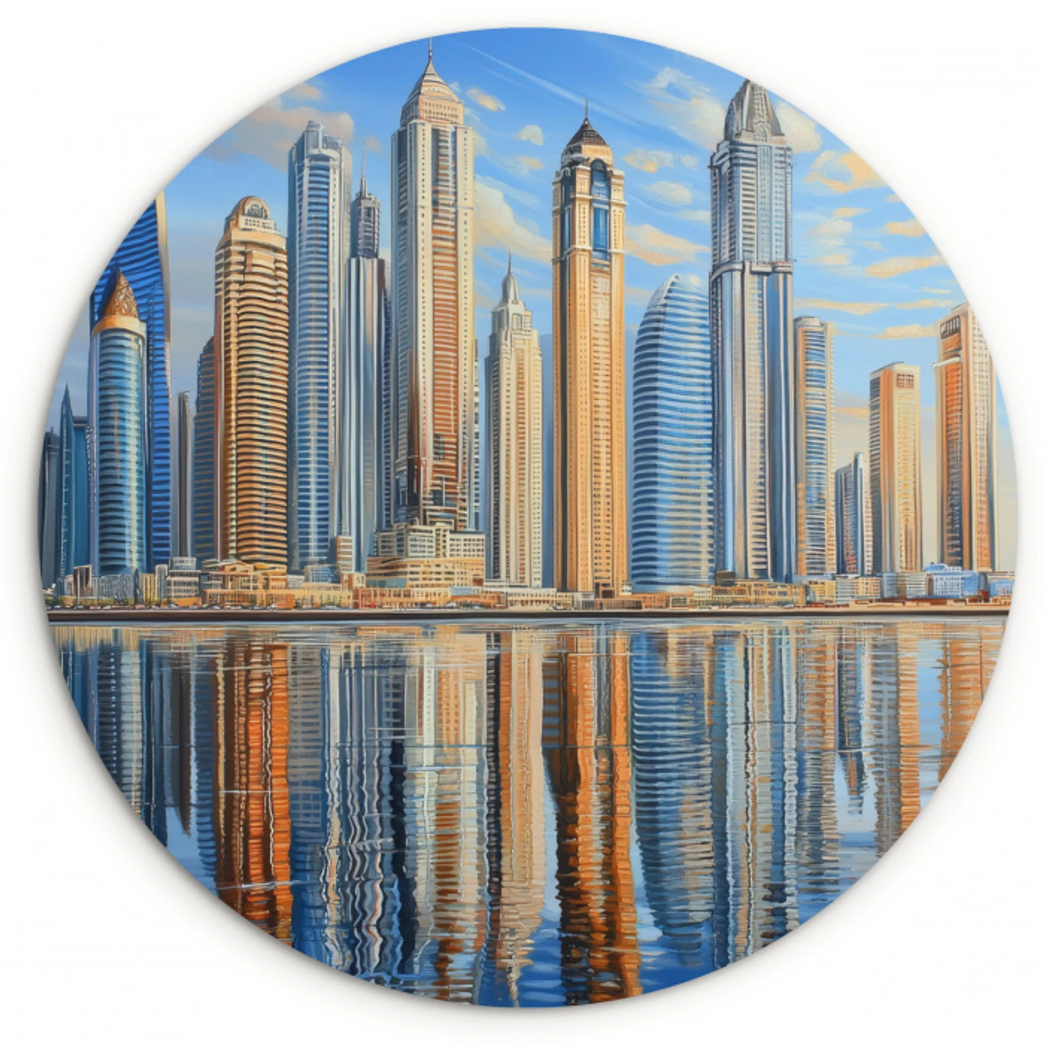 Skyline - Wolkenkrabbers - Water - Blauw Wandcirkel kunststof plaat 5mm dik klein -3d