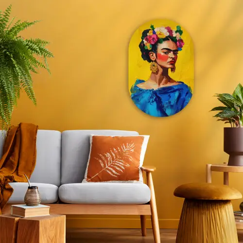 Frida Kahlo - Vrouw - Geel - Blauw - Bloemen Wandcirkel Ovaal Forex klein -sfeer4