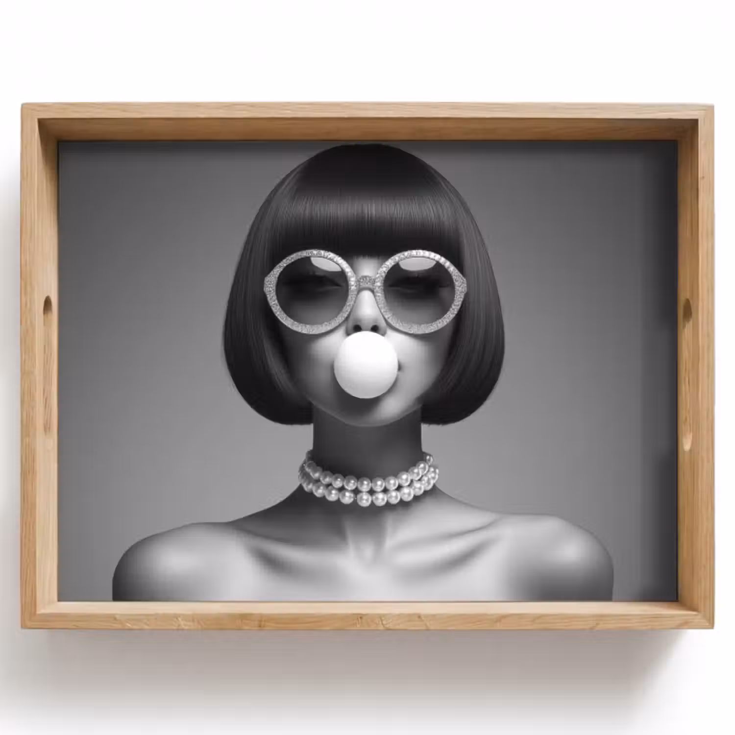 Tablett - Frau - Schwarz und weiß - Halskette - Sonnenbrille