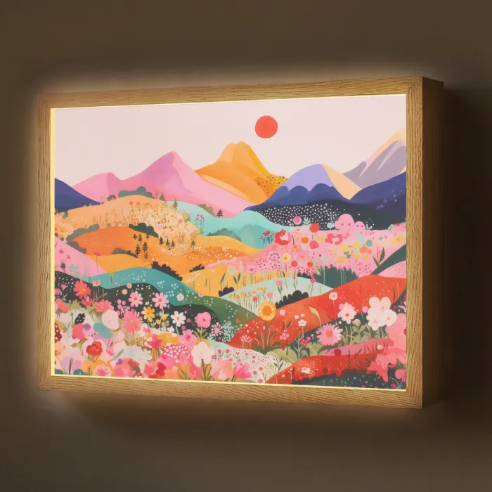 Kleurrijke bloemen - Bergen - Fantasielandschap Light Box met batterij (Wandlamp) middel -z3d_website