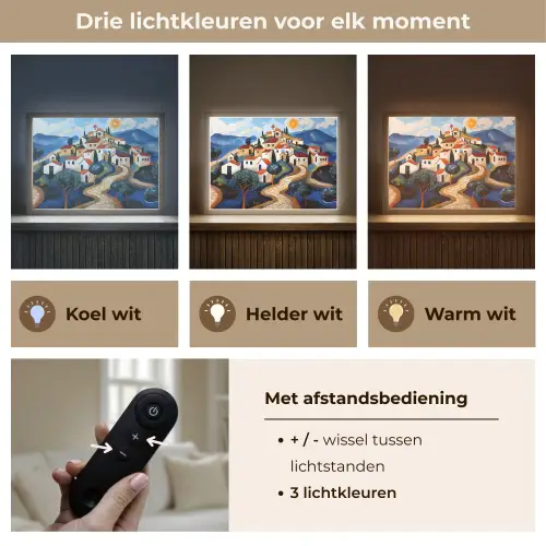 Dorp - Heuvelachtig - Zon - Mozaïek Light Box met batterij (Wandlamp) middel -USP_lichtkleurNL