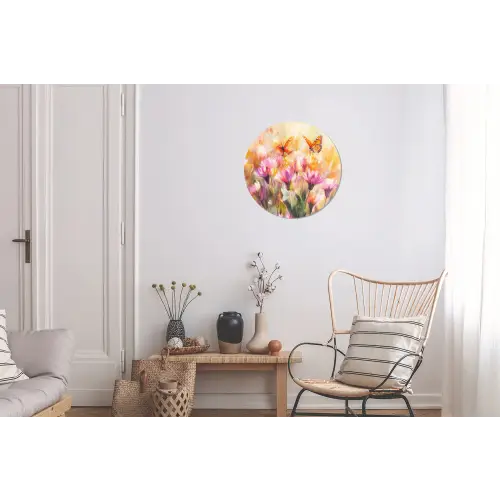 Vlinders - Oranje - Bloemen Wandcirkel aluminium klein -woonkamer