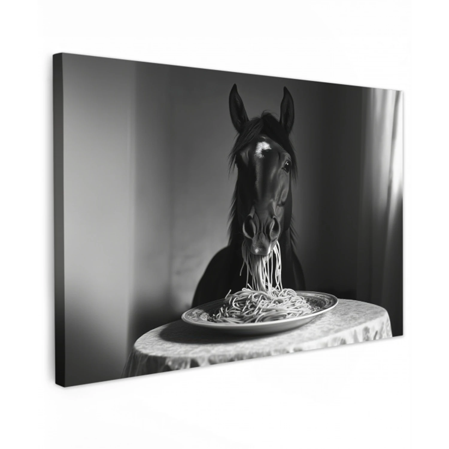 Paard - Bord - Pasta - Tafelkleed - Zwart Wit - Dieren Tuinposter op houten frame 2 cm dik klein -3d