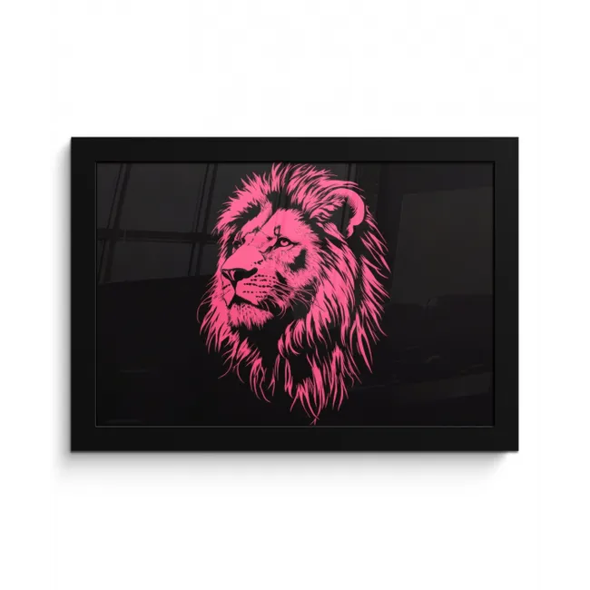 Leeuw - Zwart - Roze - Neon fotolijst zwart zonder passe partout klein -3d