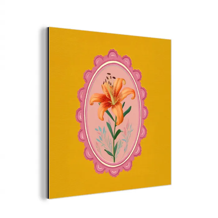 Lelie - Oranje - Lijst - Ovaal aluminium wit klein -3d