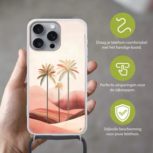 Palmbomen - Heuvels - Minimalistisch - Zachtroze Hoesje iPhone 16 Pro Max met koord klein -sfeer2_NL