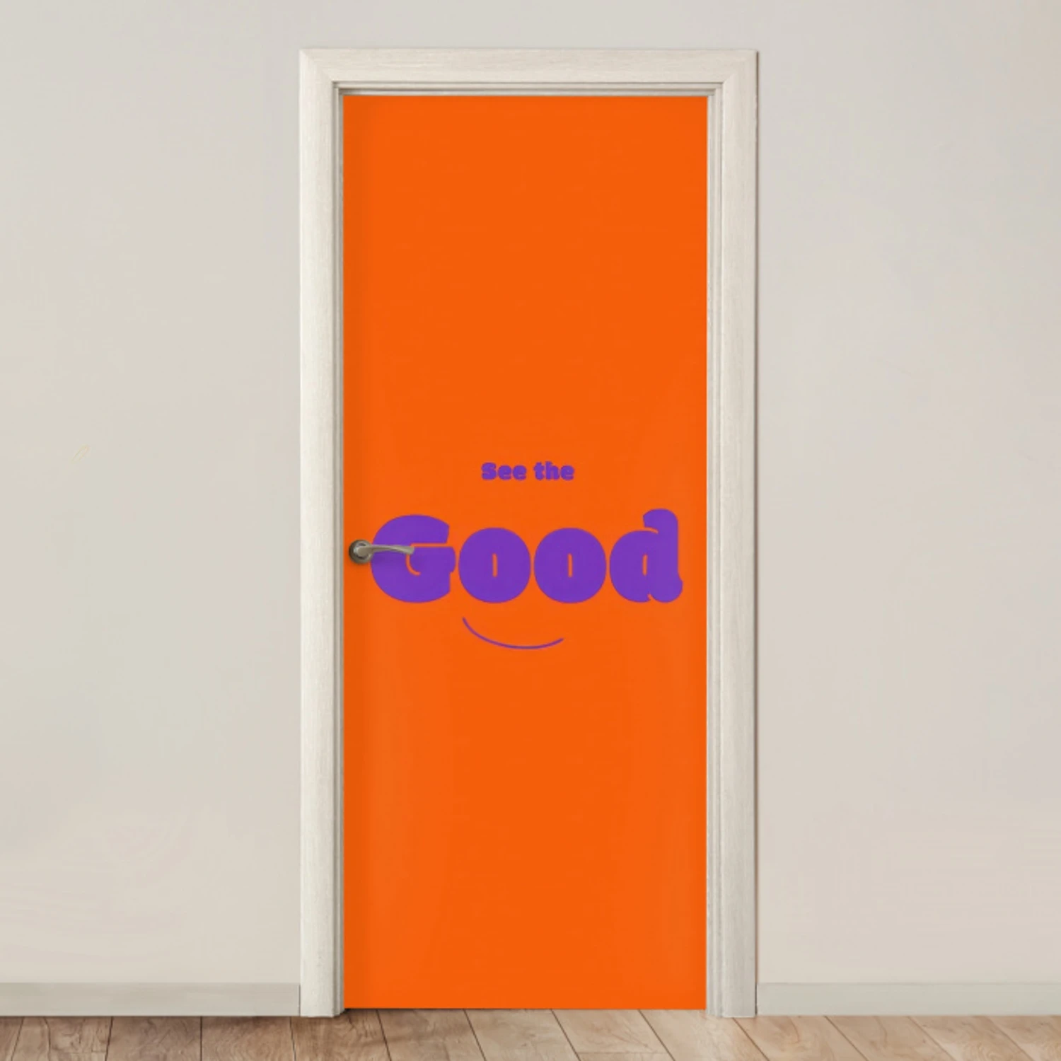 See the good - Paars - Oranje - Smiley deurposter klein -3d_beige