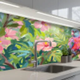 Papagaai - Hibiscusbloemen - Kleurrijk keuken achterwand 2 middel -3d_schuin