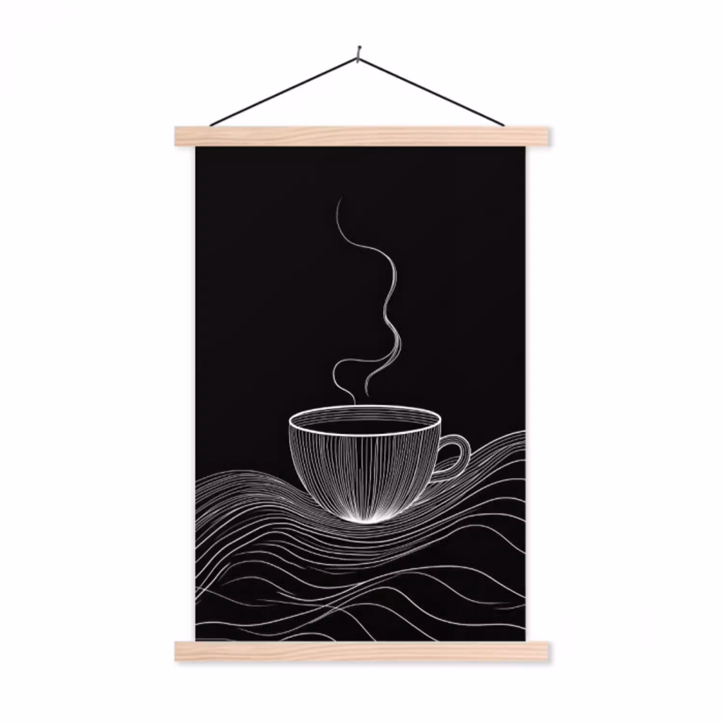 Lijntekening - Koffiekop - Zwart textielposter latten blank klein -3d