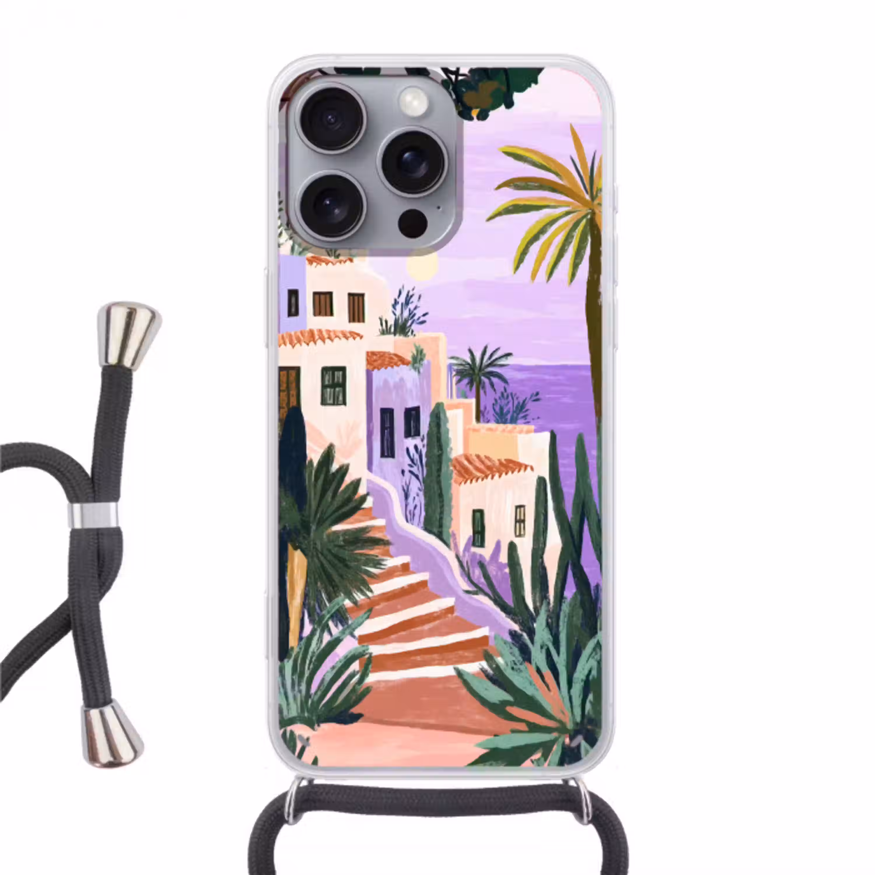 Huizen - Minimalistisch - Palmbomen - Kust Hoesje iPhone 16 Pro Max met koord klein -3d