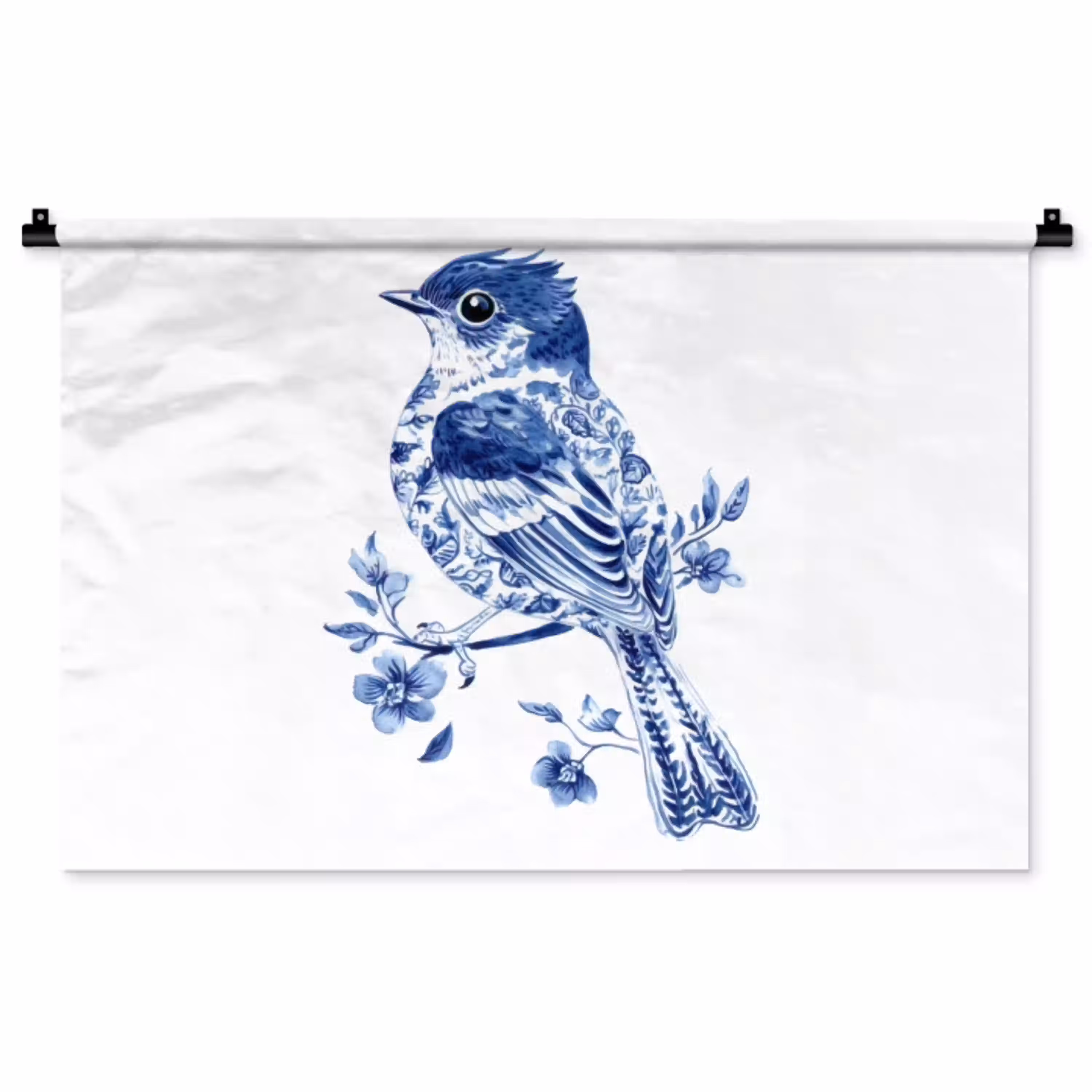 Vogel - Delfts blauw - Illustratie - Bloemen Wandkleed katoen middel -zz3d