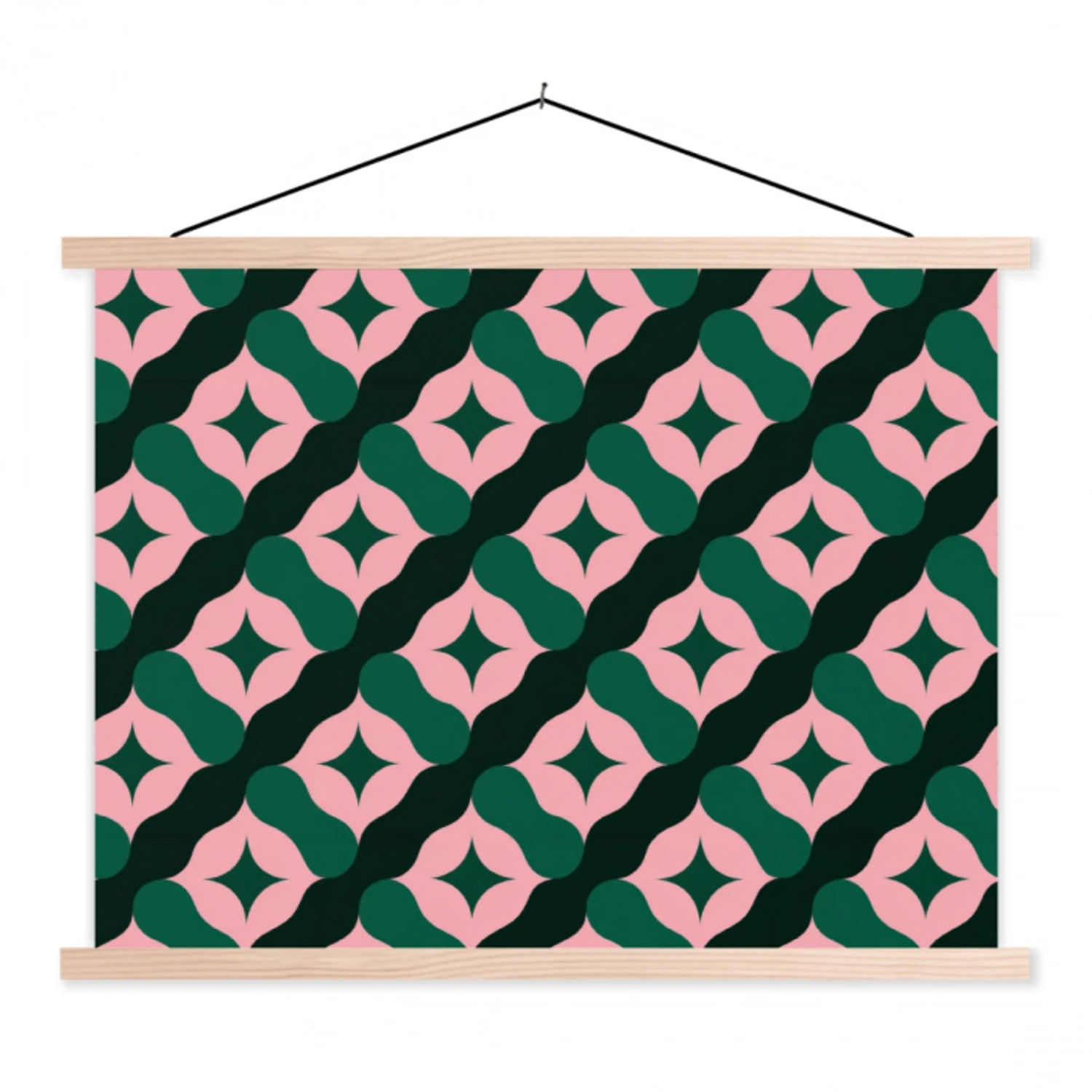 Groen - Roze - Retro - Sterren textielposter latten blank klein 122 -3d