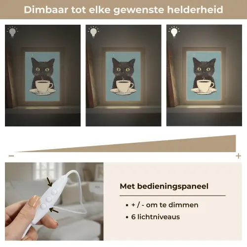 Kat - Zwart - Koffie - Minimalistisch Light Box met kabel (Tafellamp) klein -USP_dimbaarNL