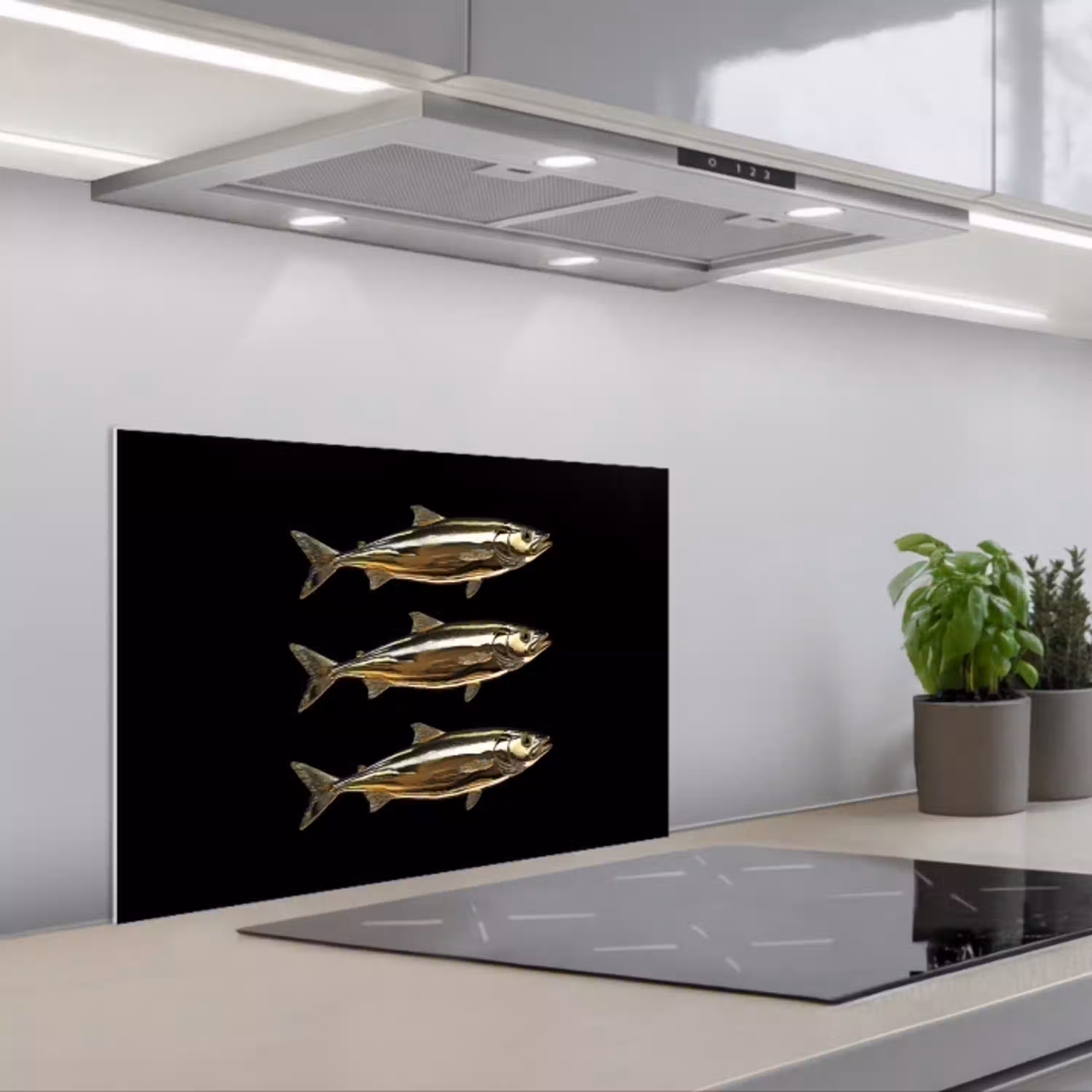 Vissen - Goud - Zwart keuken achterwand spatscherm klein -3d_schuin