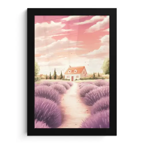 Lavendelveld - Huis - Paars fotolijst zwart zonder passe partout klein -3d
