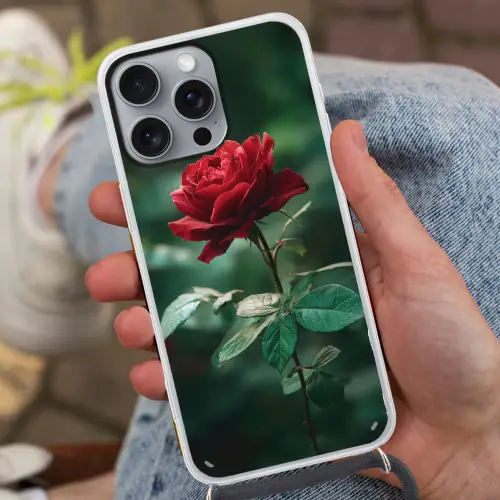 Roos - Bladeren - Dieprood Hoesje iPhone 16 Pro Max met koord klein -sfeer3