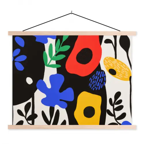 Bloemen - Bladeren - Abstract - Zwart textielposter latten blank klein -3d
