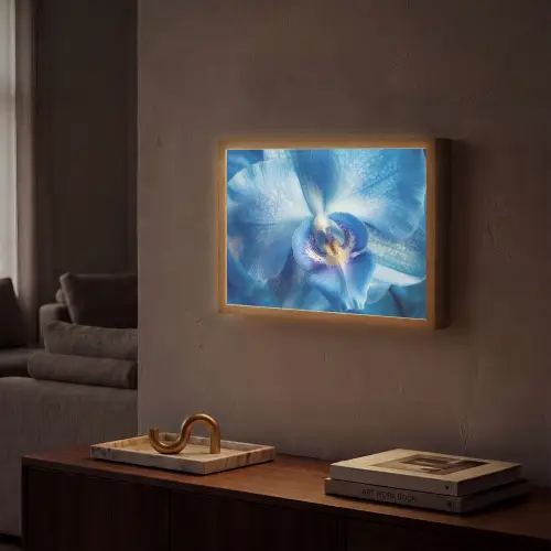 Blauw - Orchidee - Elegeant Light Box met batterij (Wandlamp) middel -sfeer1