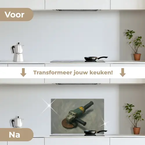 Haakse slijper - Schilderij - Gereedschap keuken achterwand spatscherm klein -voor_na_NL