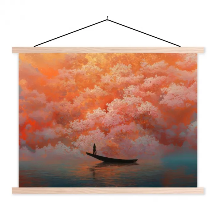 Zee - Boot - Wolken - Oranje textielposter latten blank klein -3d