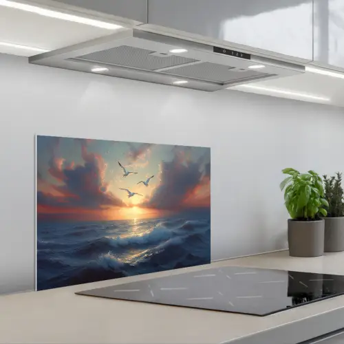 Meeuwen - Zonsondergang - Zee - Wolken keuken achterwand spatscherm klein -3d_schuin
