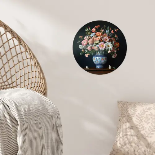 Hout - Vaas - Kleuren - Bloemen Wandcirkel behangsticker klein -sfeer4