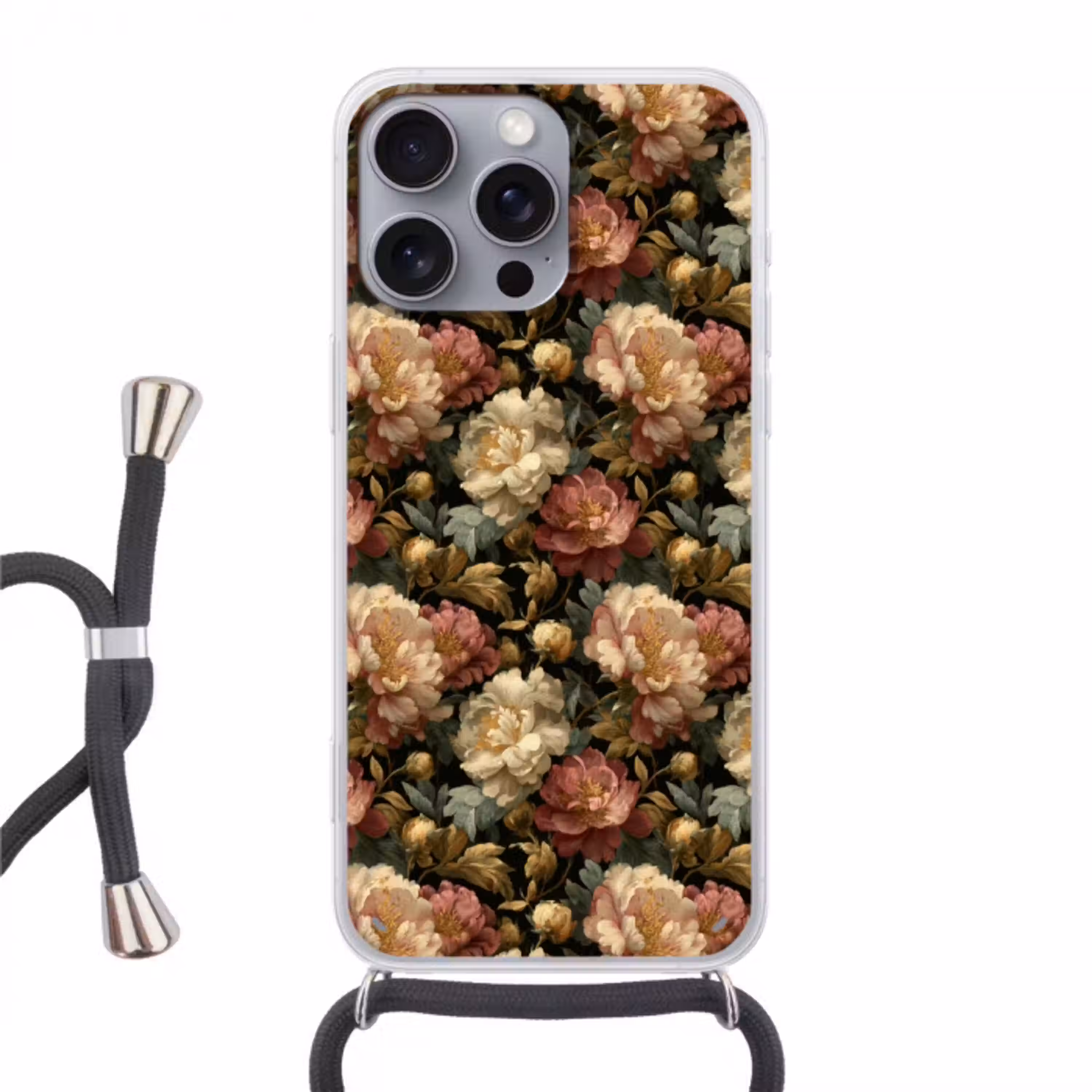 Bloemen - Barok - Patroon - Roze - Crème Hoesje iPhone 16 Pro Max met koord klein 804 -3d